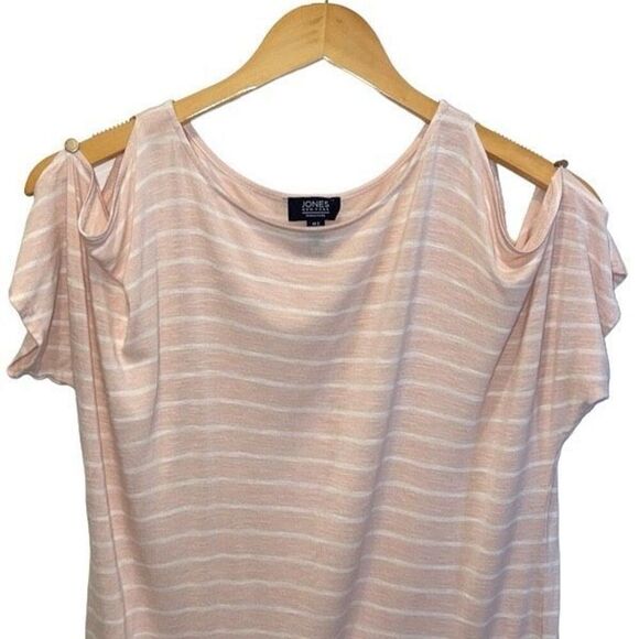 JNY Jones New York Signature Womens Striped Cold Shoulder Top Pink White Small - Picture 2 of 7